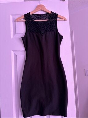 Material Girl Black Sleeveless Bodycon Dress with Lace Yoke